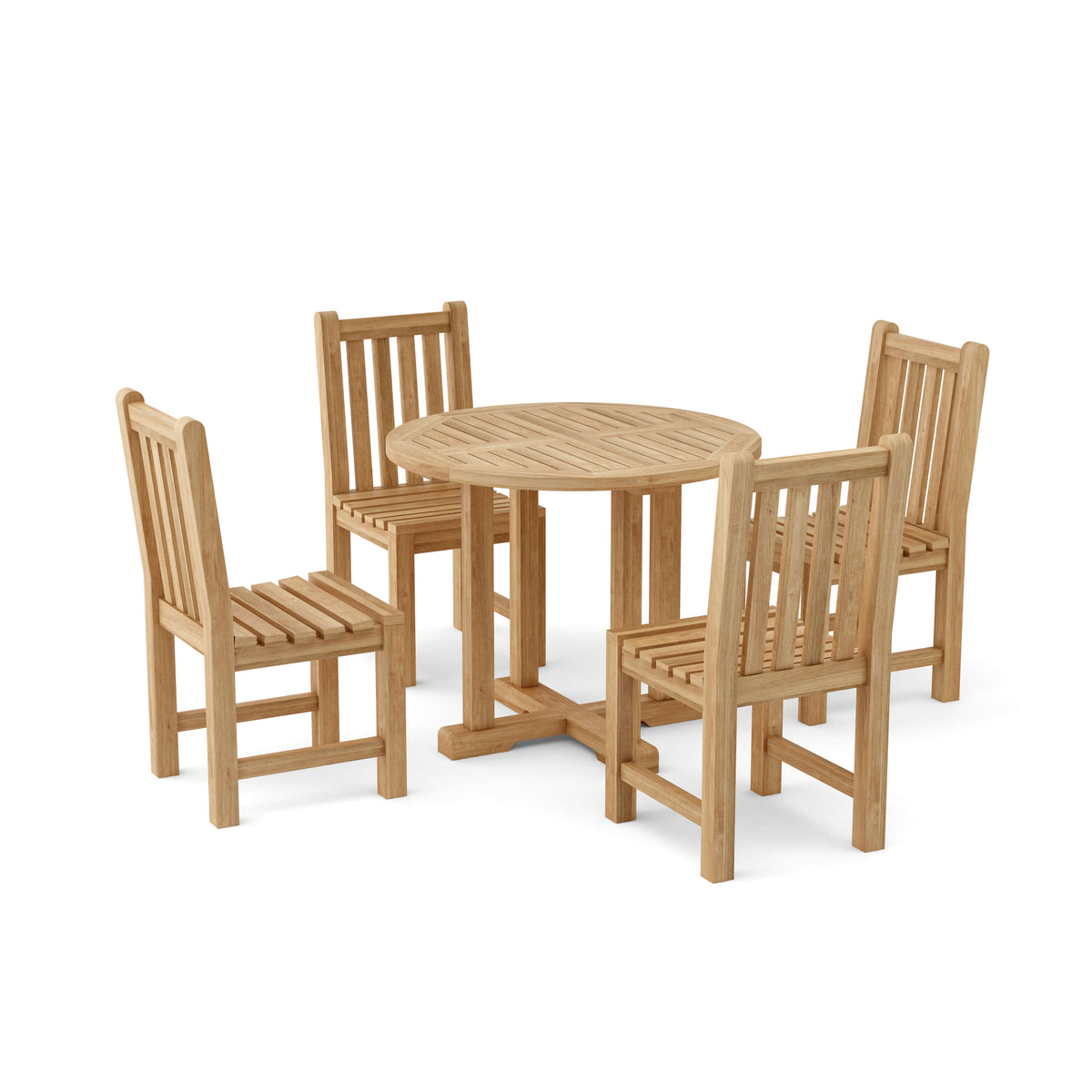 Wooden outdoor table with four matching chairs on a white background