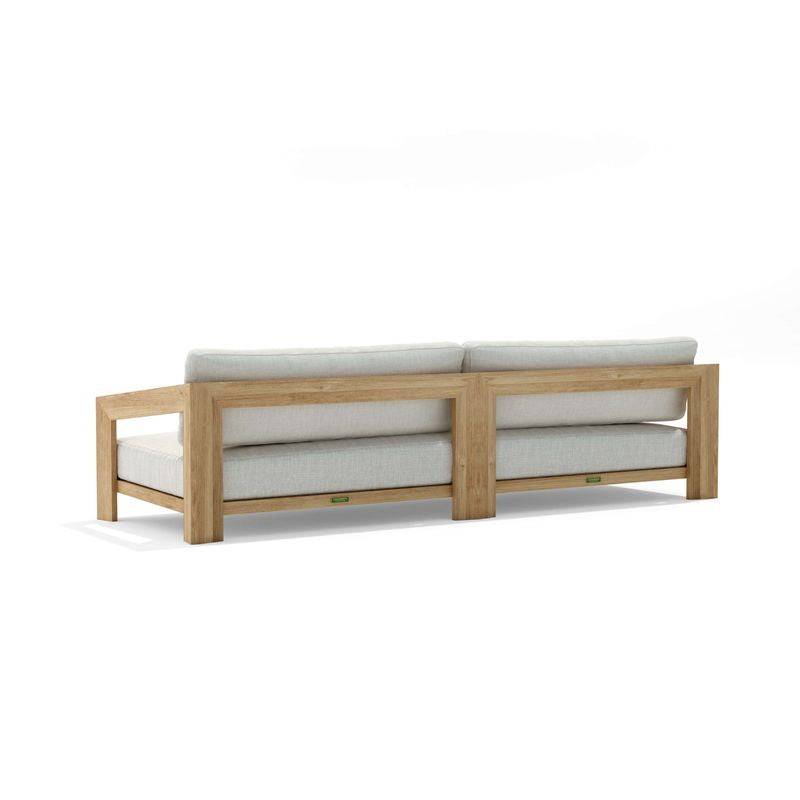 Wooden outdoor sofa with white cushions on a white background