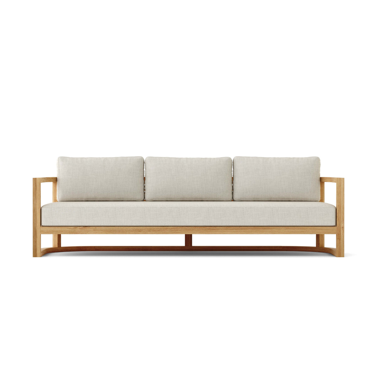 Sofa with light wooden frame and beige cushions on a white background