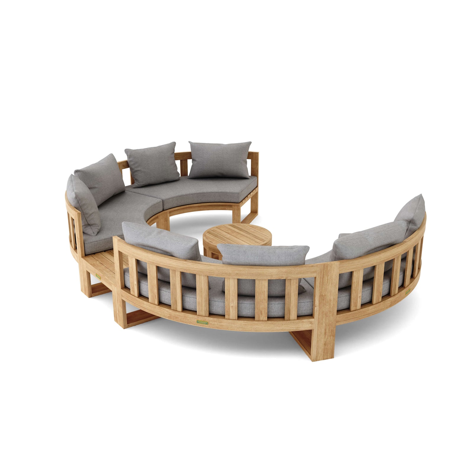 Round wooden outdoor furniture set with gray cushions on a white background