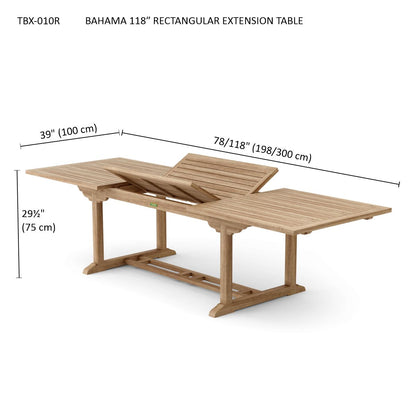 Wooden rectangular extension table with dimensions labeled on a white background