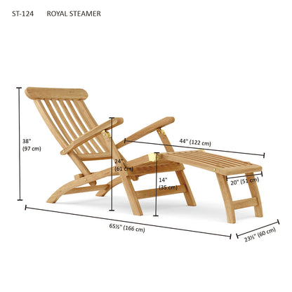 Wooden lounge chair with ottoman and measurements on a white background