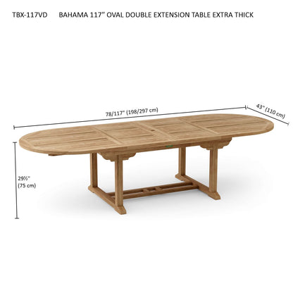 Wooden oval extension table with dimensions on a white background