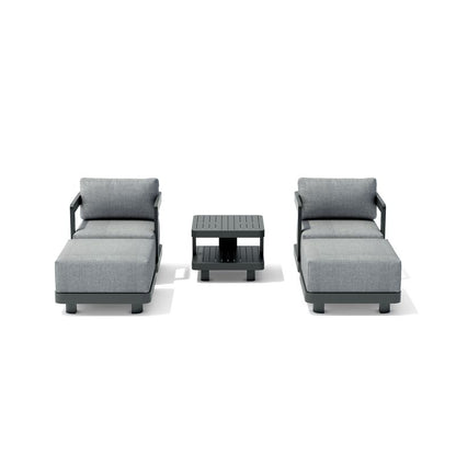 Modern outdoor furniture set with two gray sectional chairs and a small table on a white background