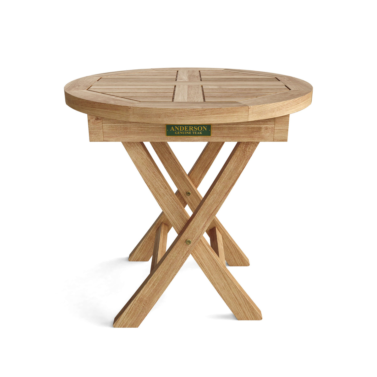 Wooden folding table with 'Anderson' branding on a white background