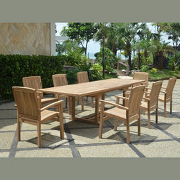 Bahama 9-Piece Teak Rectangular Extension Dining Set with Stackable Sahara Armchairs