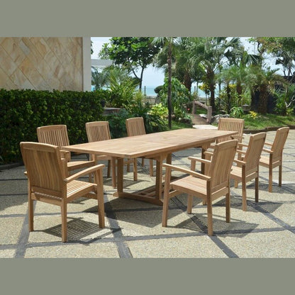 Wooden outdoor dining set with table and chairs on a patio