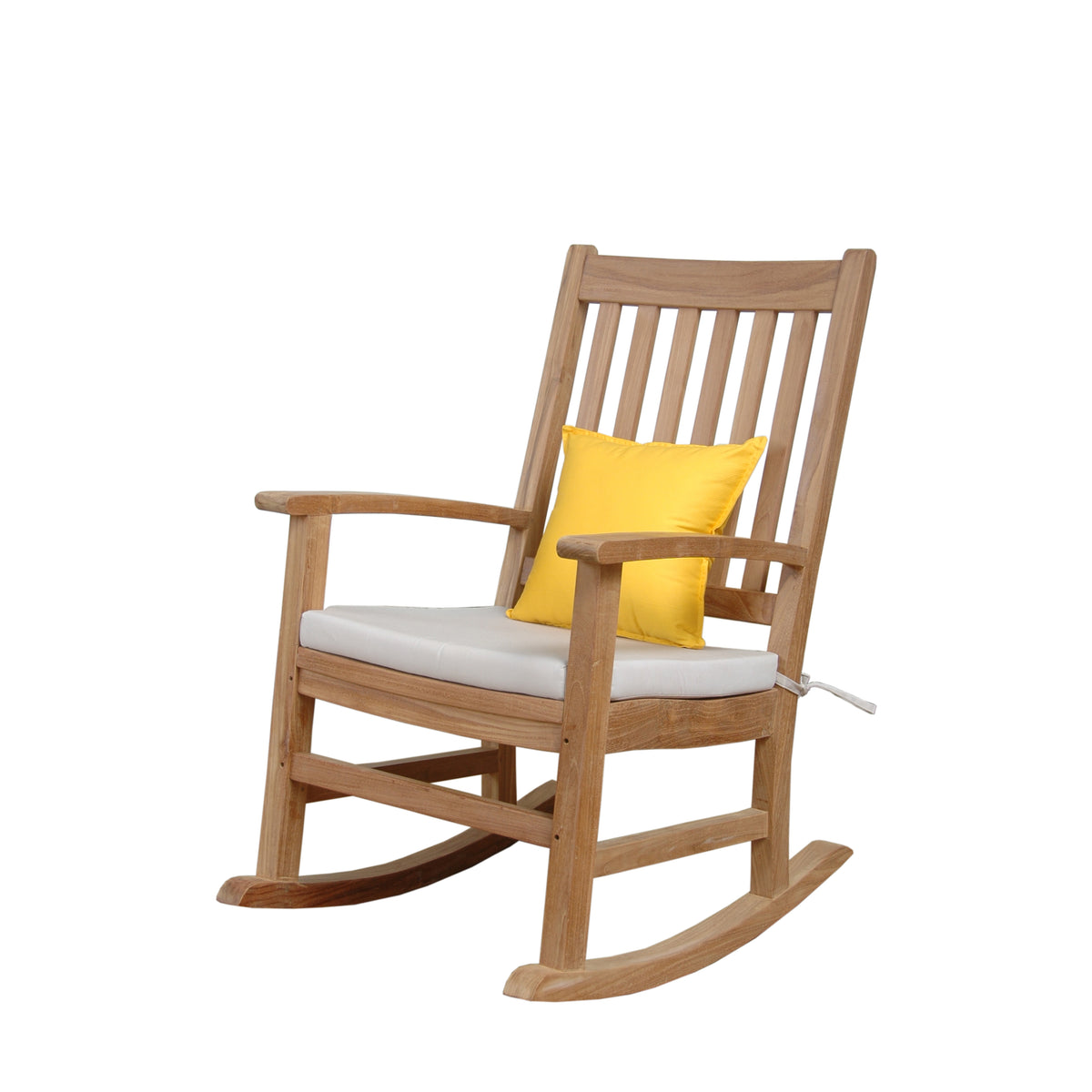Wooden rocking chair with a yellow cushion on a white background
