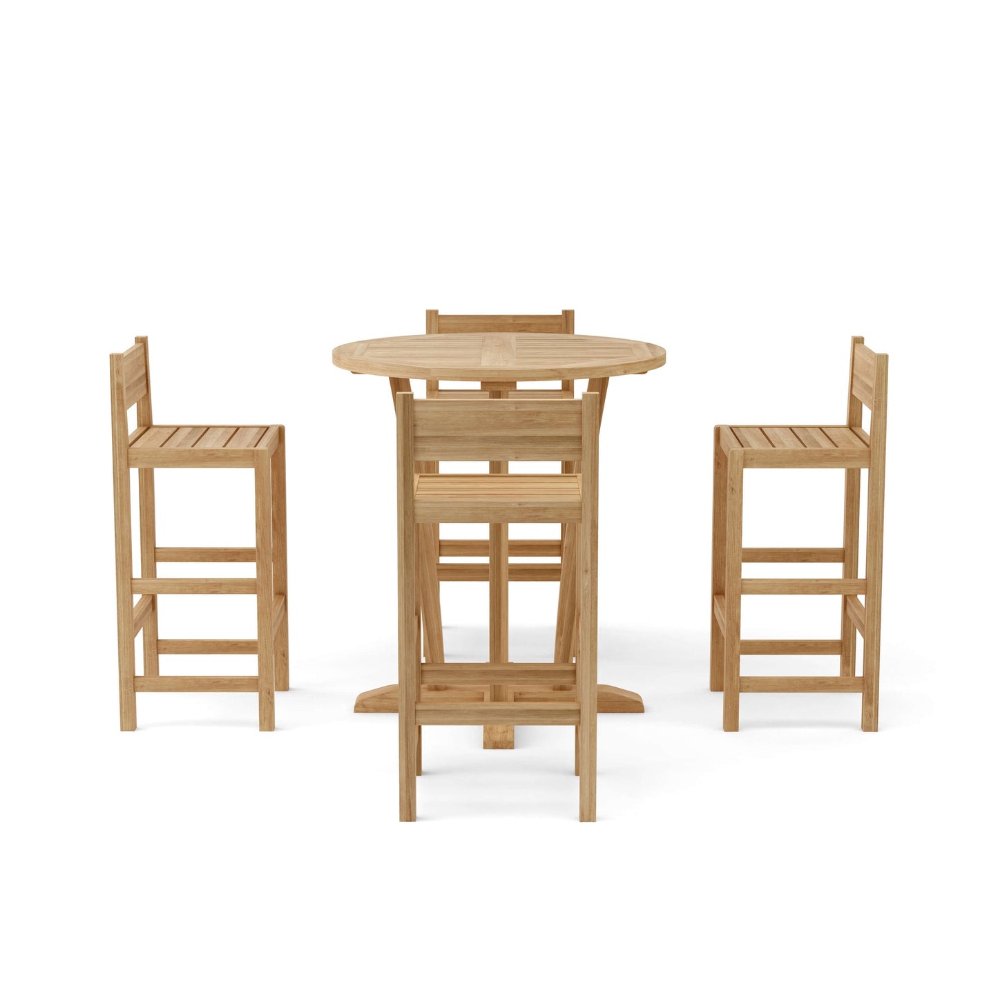 Wooden outdoor table with four matching chairs on a white background