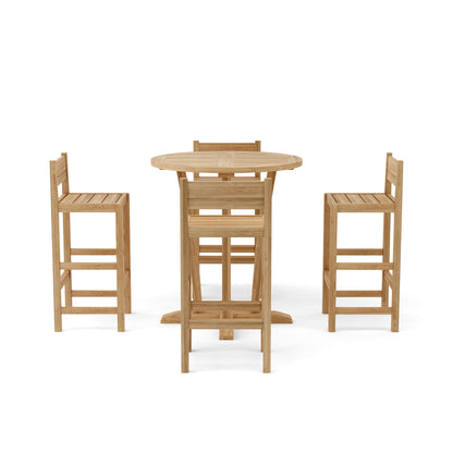 Wooden outdoor table with four matching chairs on a white background