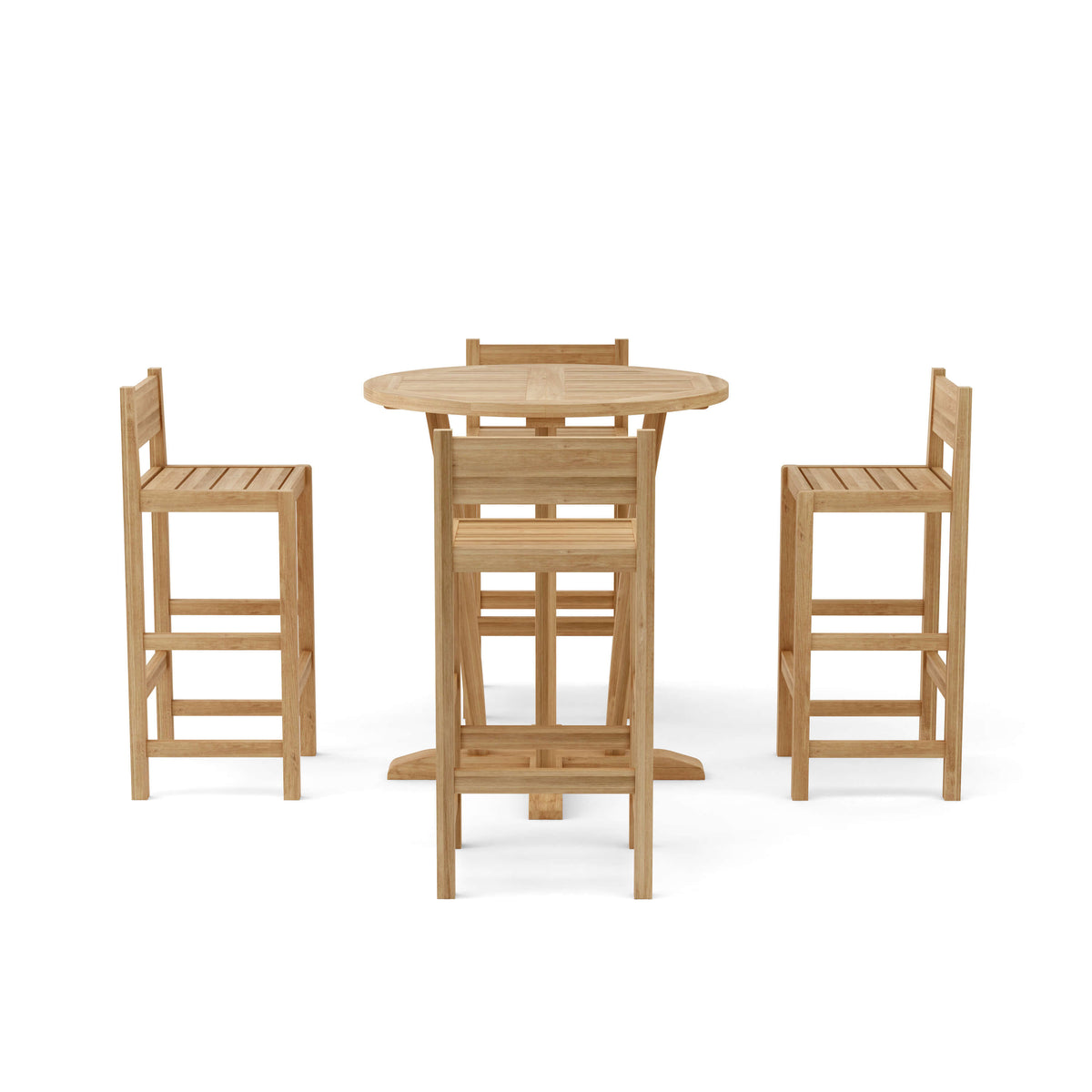 Wooden outdoor table with four matching chairs on a white background