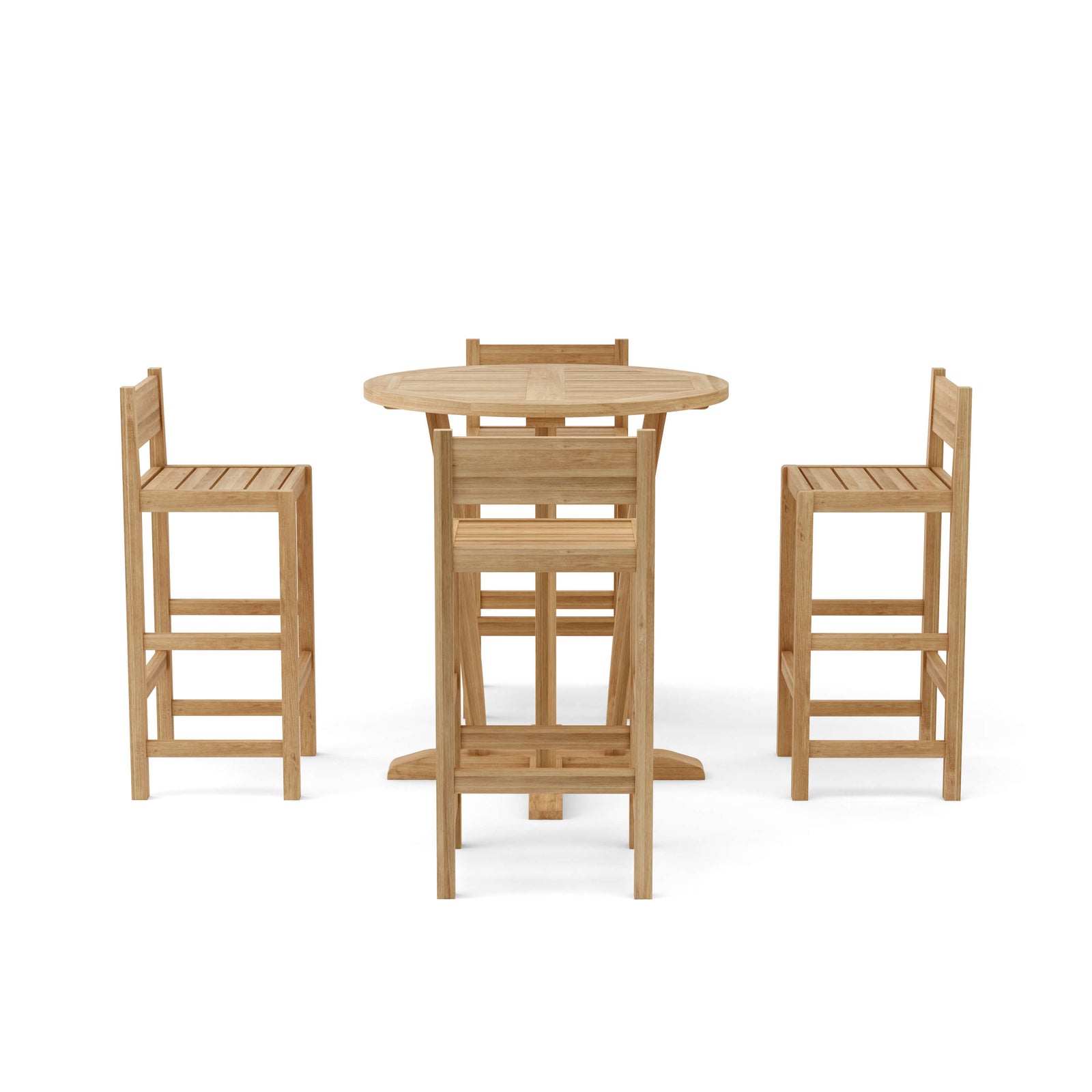 Wooden outdoor table with four matching chairs on a white background