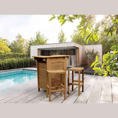 Outdoor patio set with bar table and stools by a poolside
