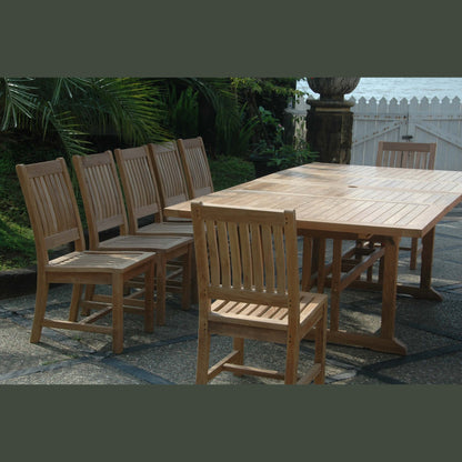 Wooden outdoor dining set with table and chairs on a patio