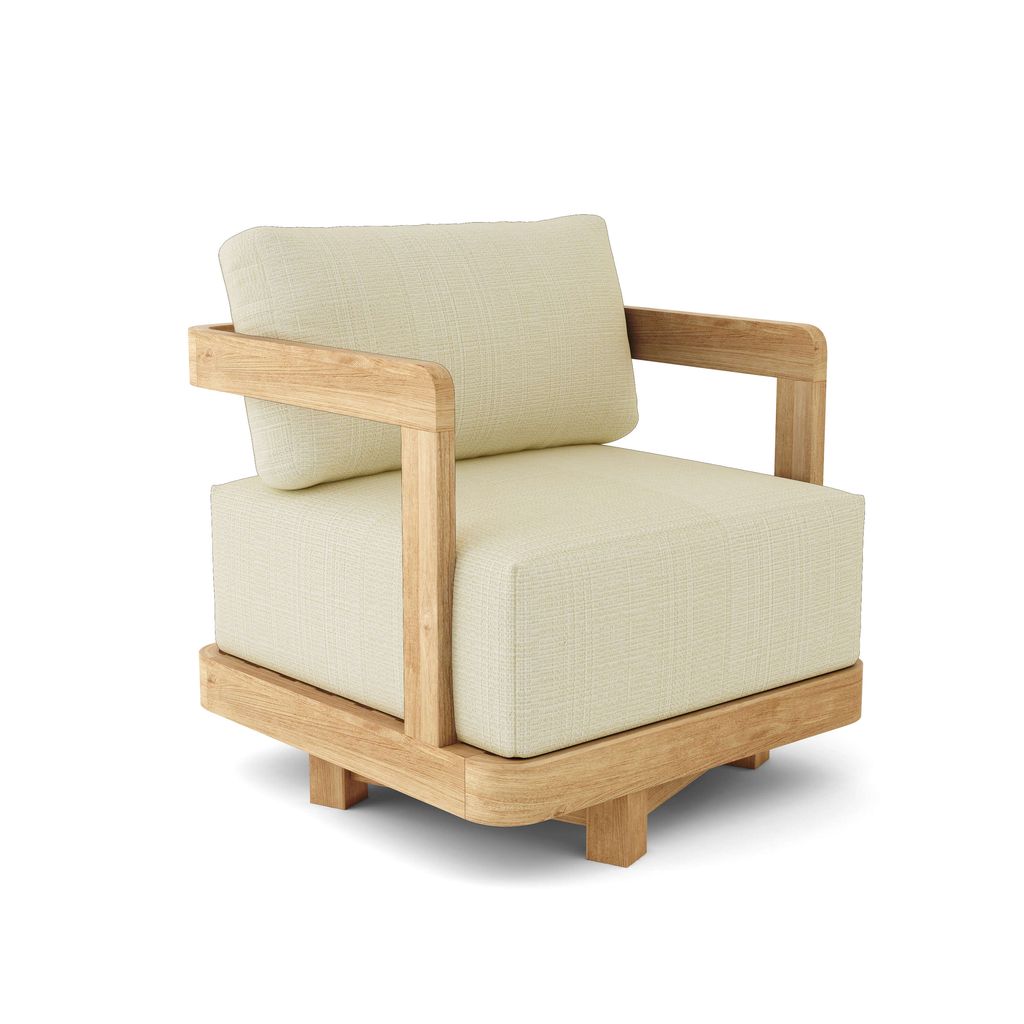 Beige armchair with wooden frame on a white background