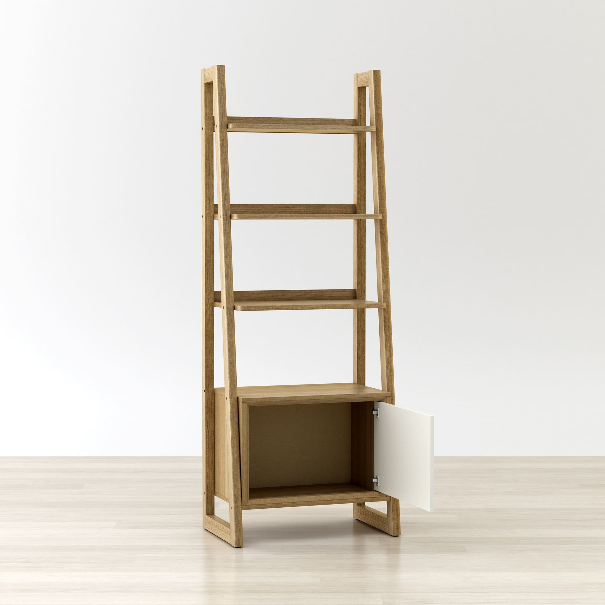 Wooden bookshelf with a white door on a light wooden floor and white wall background
