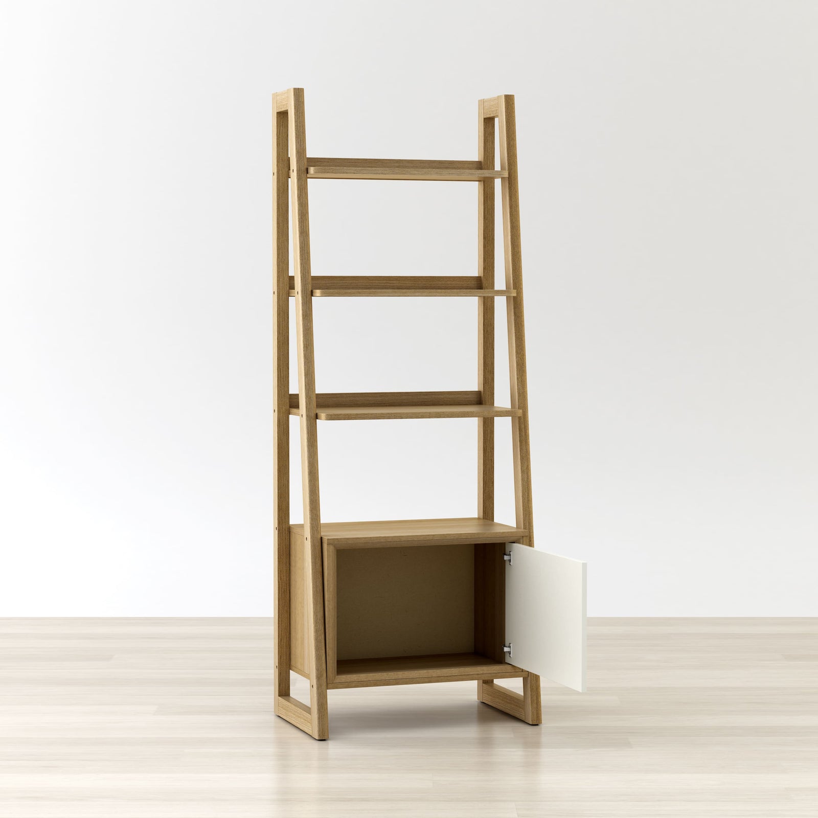 Wooden bookshelf with a white door on a light wooden floor and white wall background