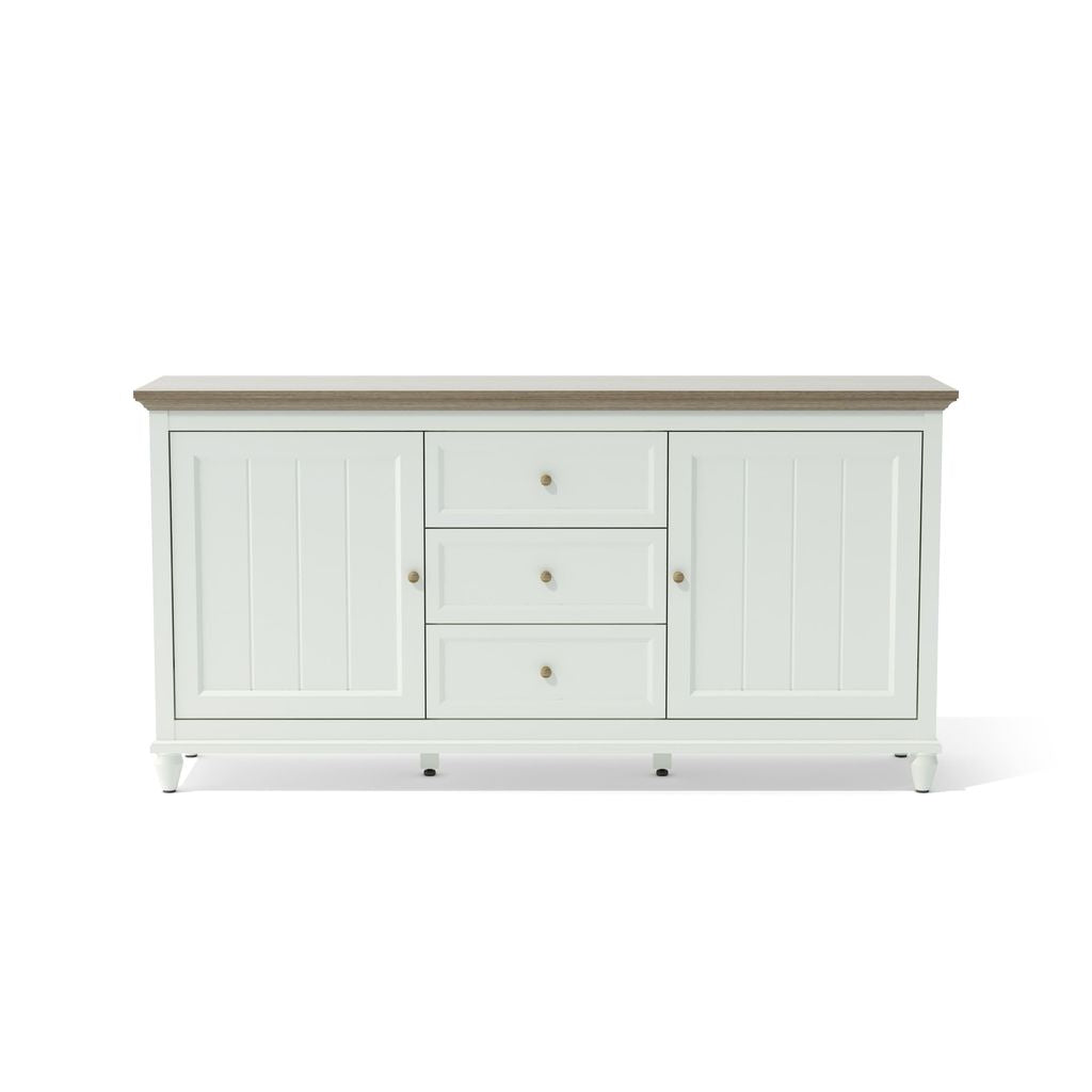 White sideboard with wooden top on a white background