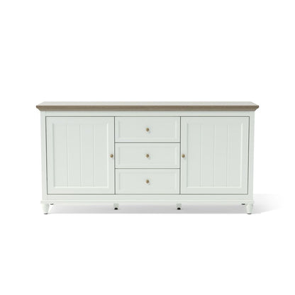 White sideboard with wooden top on a white background