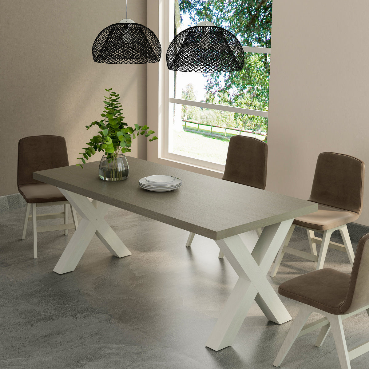 Dining room with a table, chairs, and decorative elements.