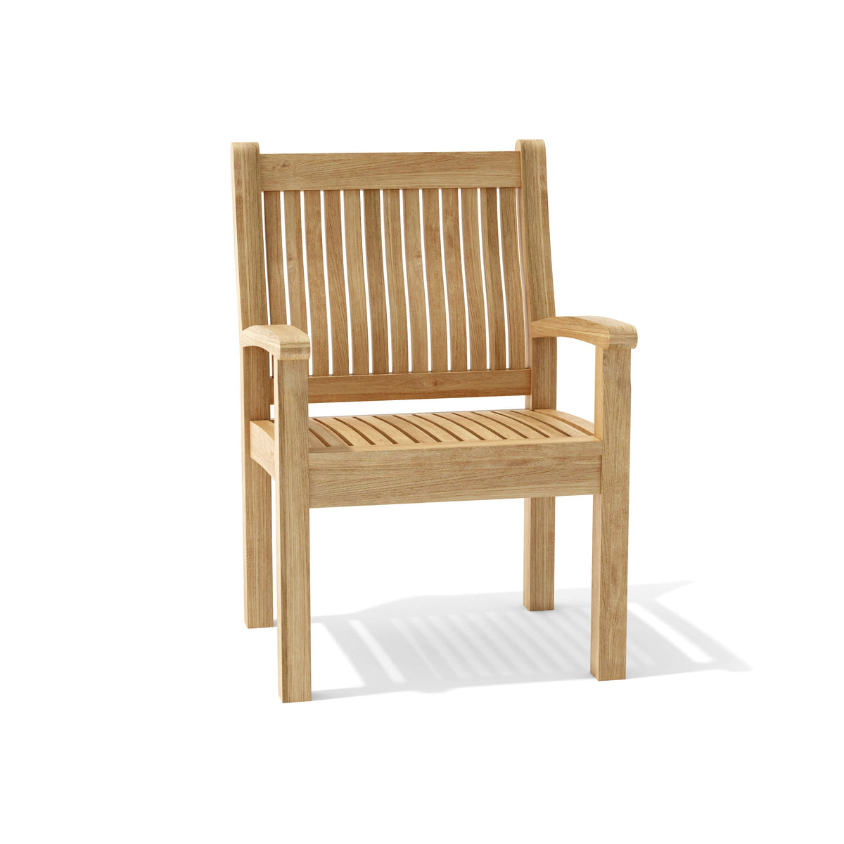Wooden chair with slatted design on a white background