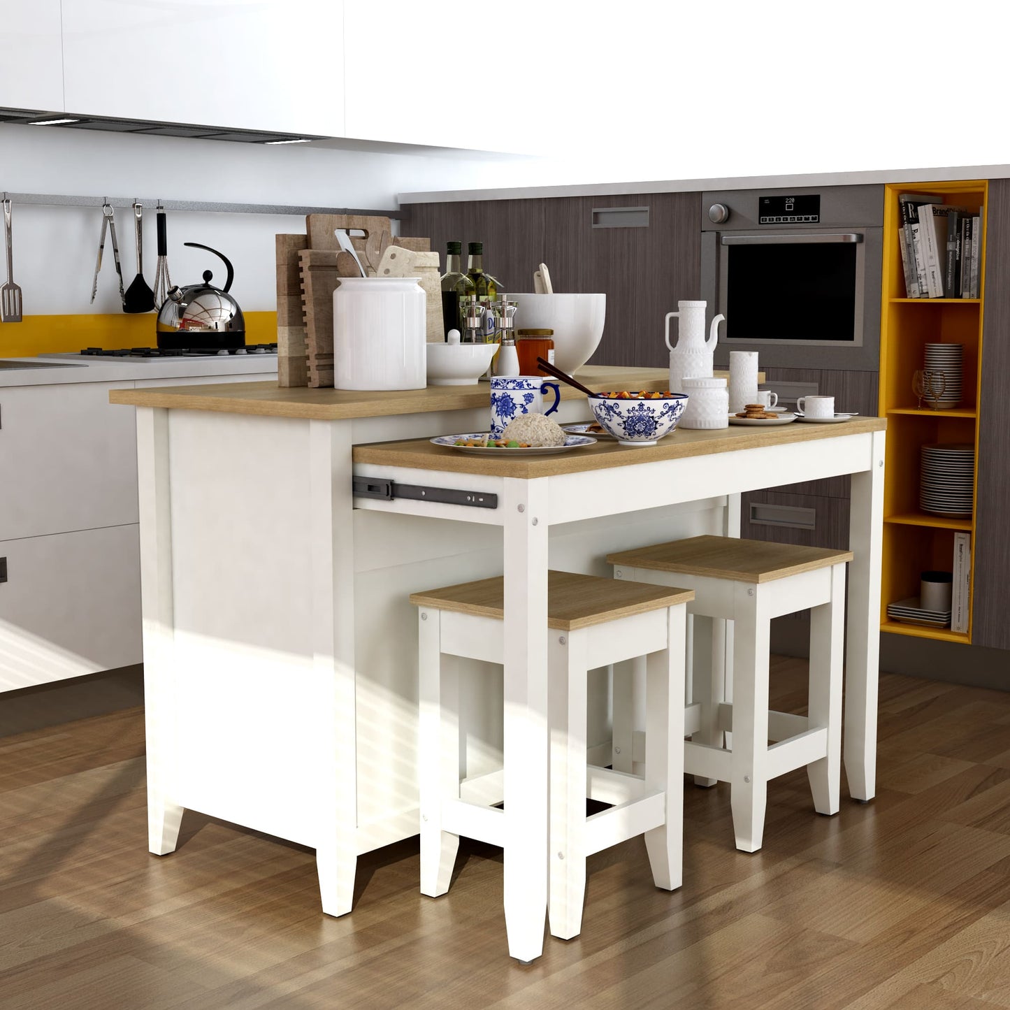 Kitchen island with stools in a modern kitchen setting