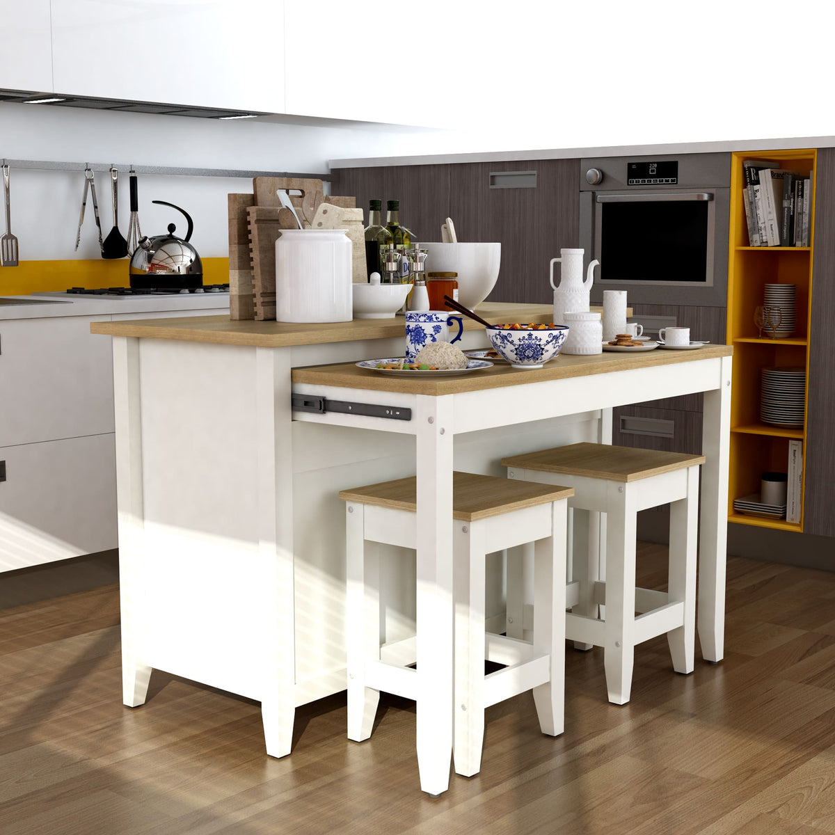 Kitchen island with stools in a modern kitchen setting