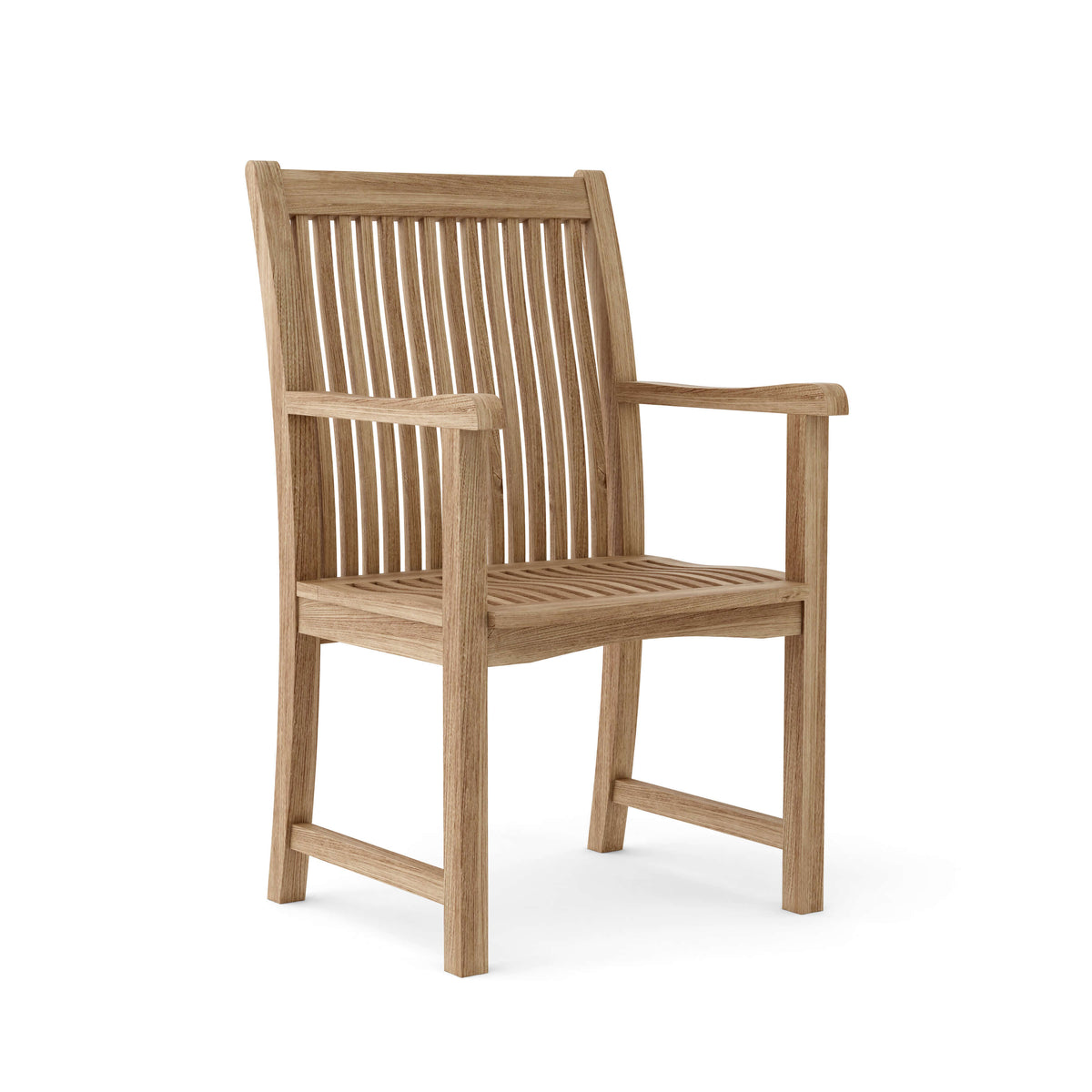 Wooden chair with slatted back and seat on a white background