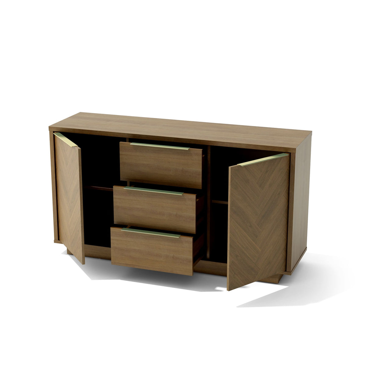 Wooden cabinet with open doors on a white background