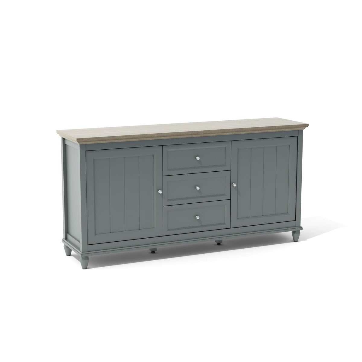 Gray sideboard with a light wood top on a white background