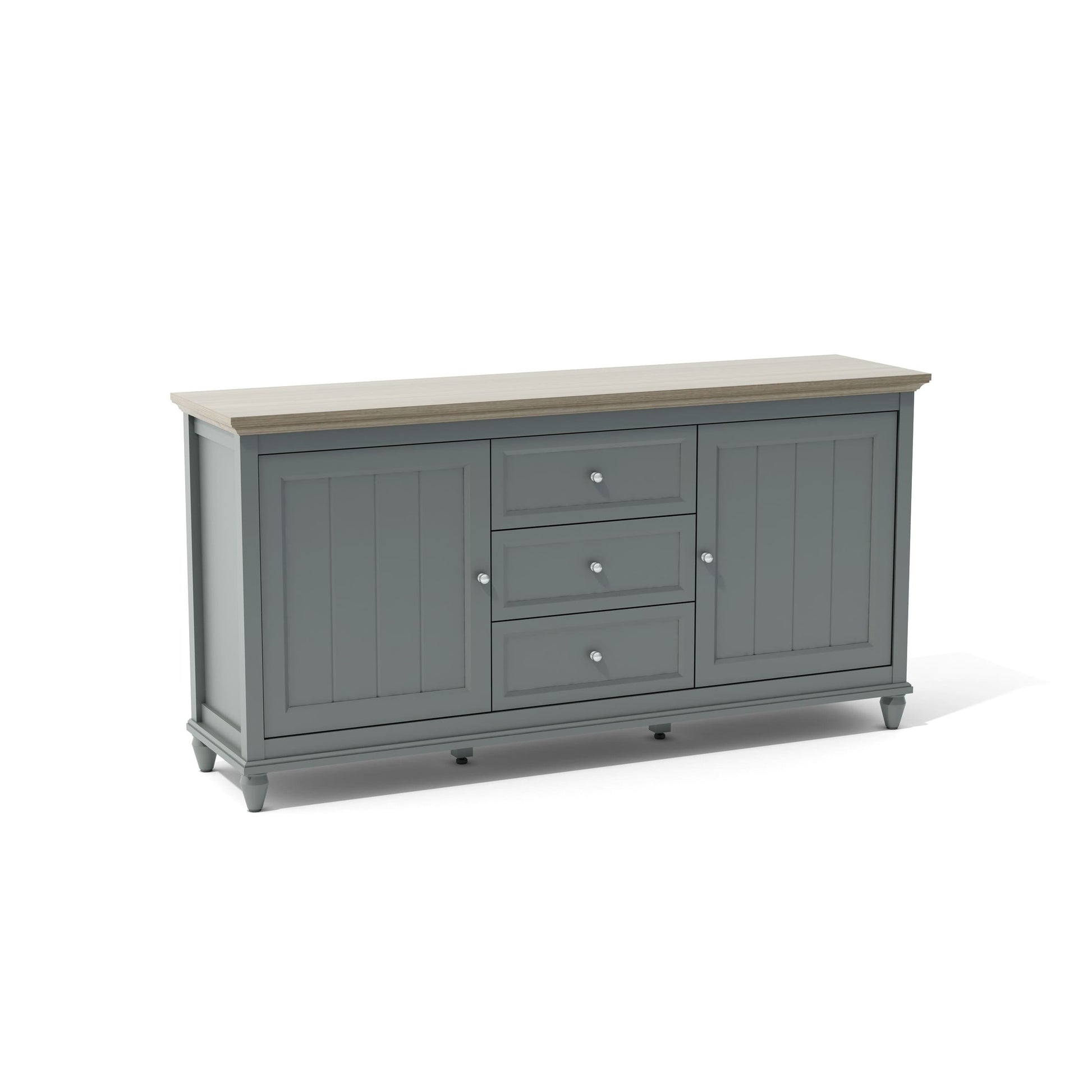 Gray sideboard with a light wood top on a white background