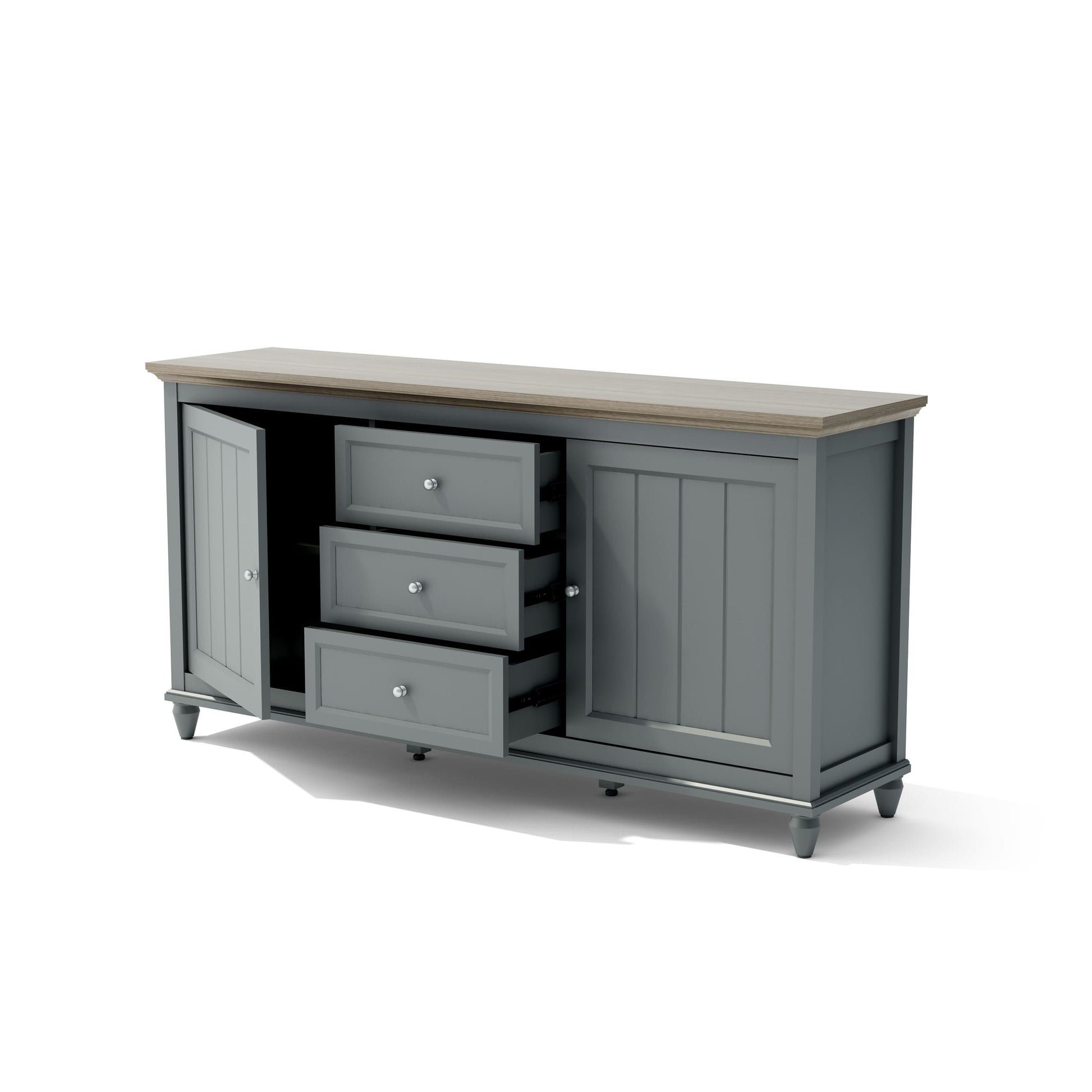 Gray sideboard with wooden top on a white background