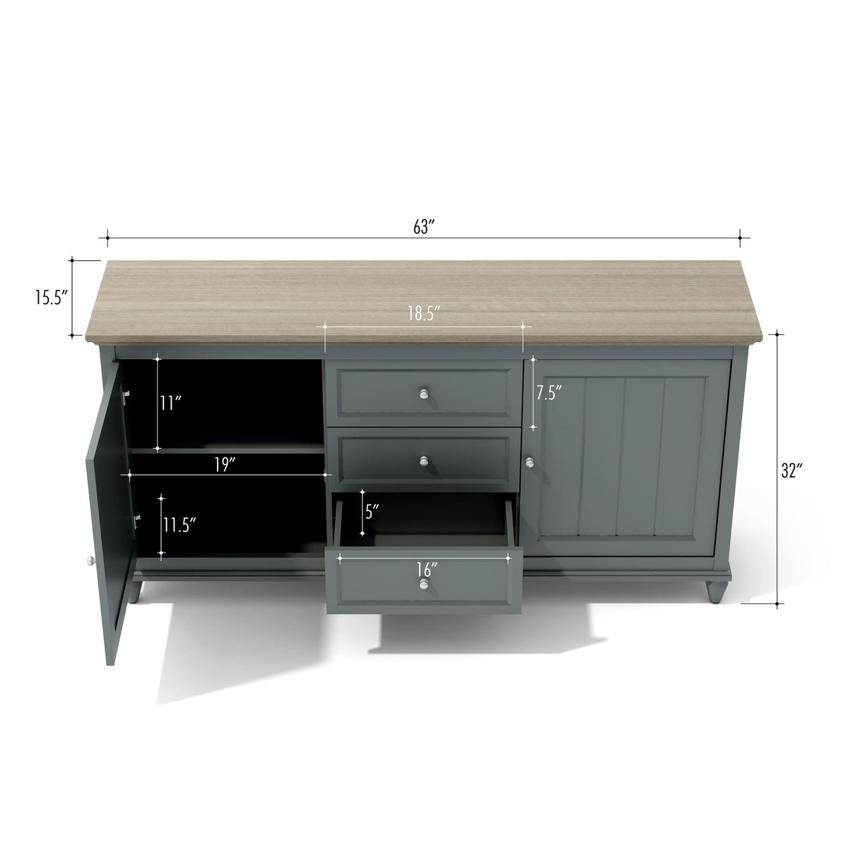Gray sideboard with dimensions labeled on a white background