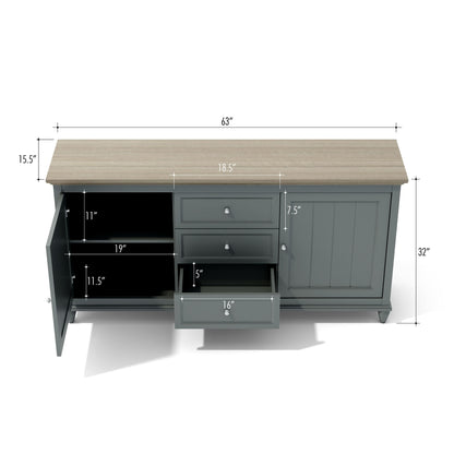 Gray sideboard with dimensions labeled on a white background
