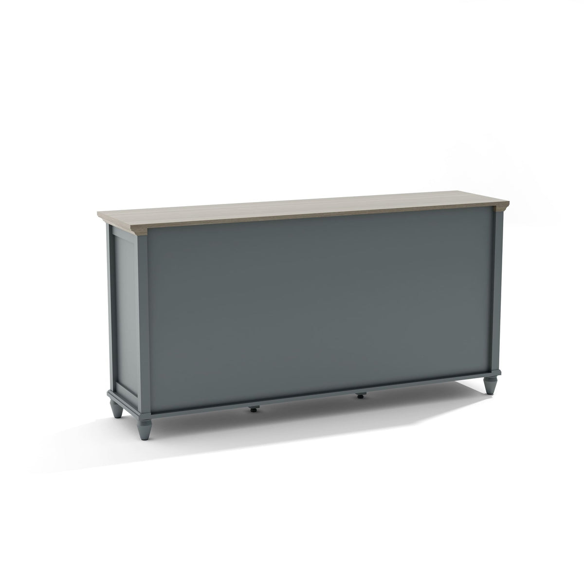 Long gray cabinet with a light gray top on a white background