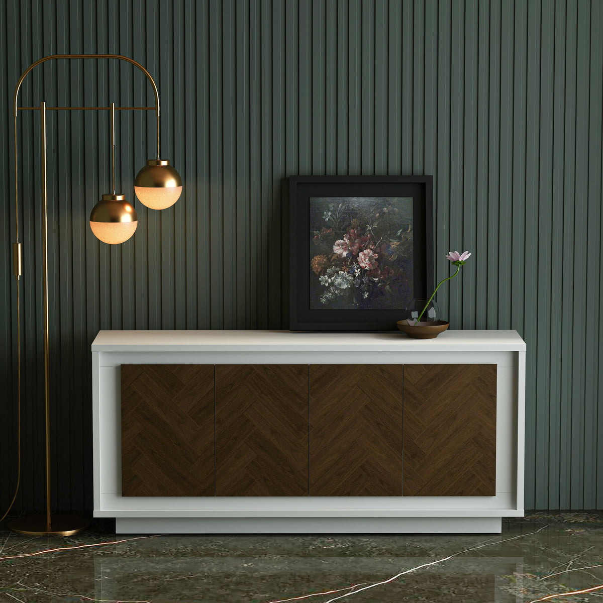 Modern interior design with a white console table, wooden chevron pattern, and decorative elements against a dark green wall.