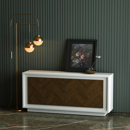 Modern sideboard with wooden panel against a dark green wall with decorative elements.