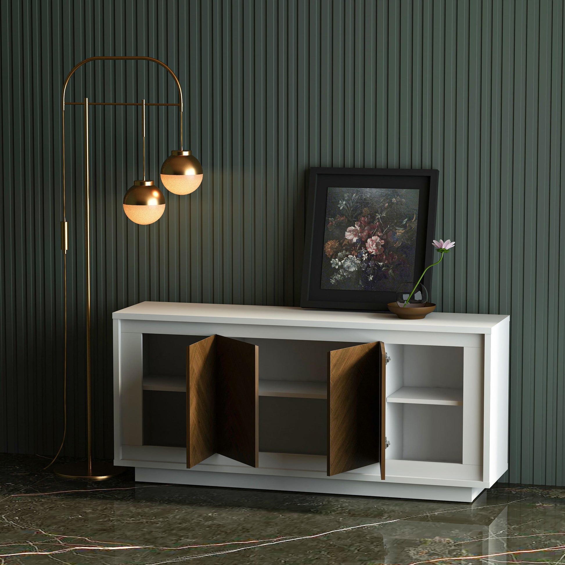 White cabinet with wooden doors in a room with a lamp and framed picture on a green striped wall.