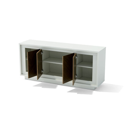 White cabinet with open doors on a white background