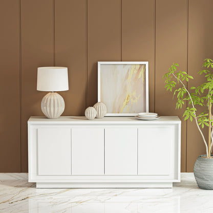 White sideboard with decorative items against a brown paneled wall