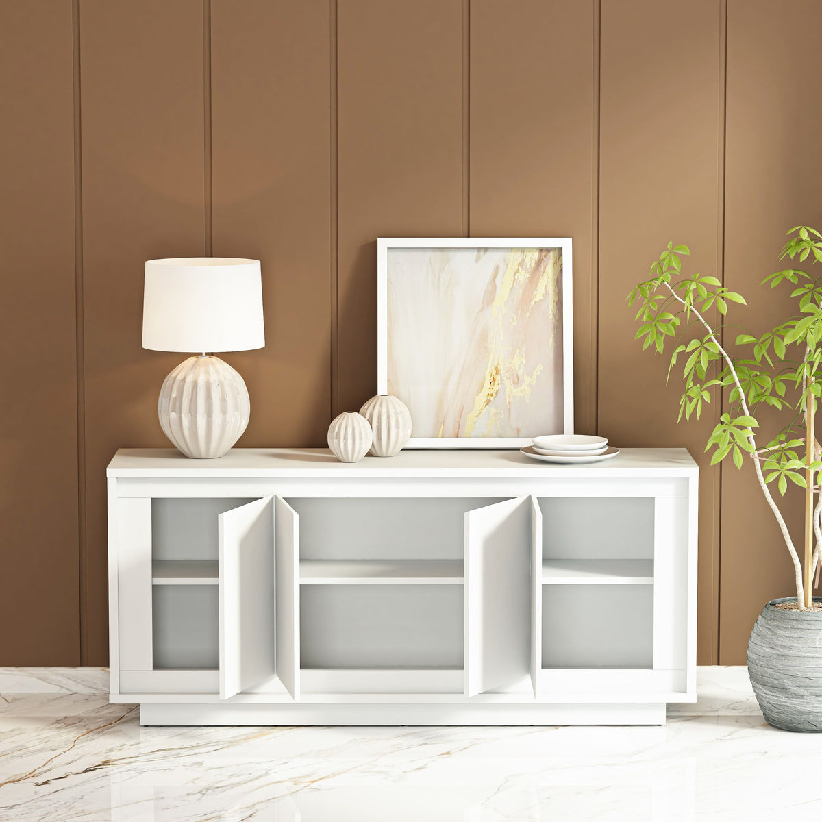 White cabinet with decorative items against a brown paneled wall