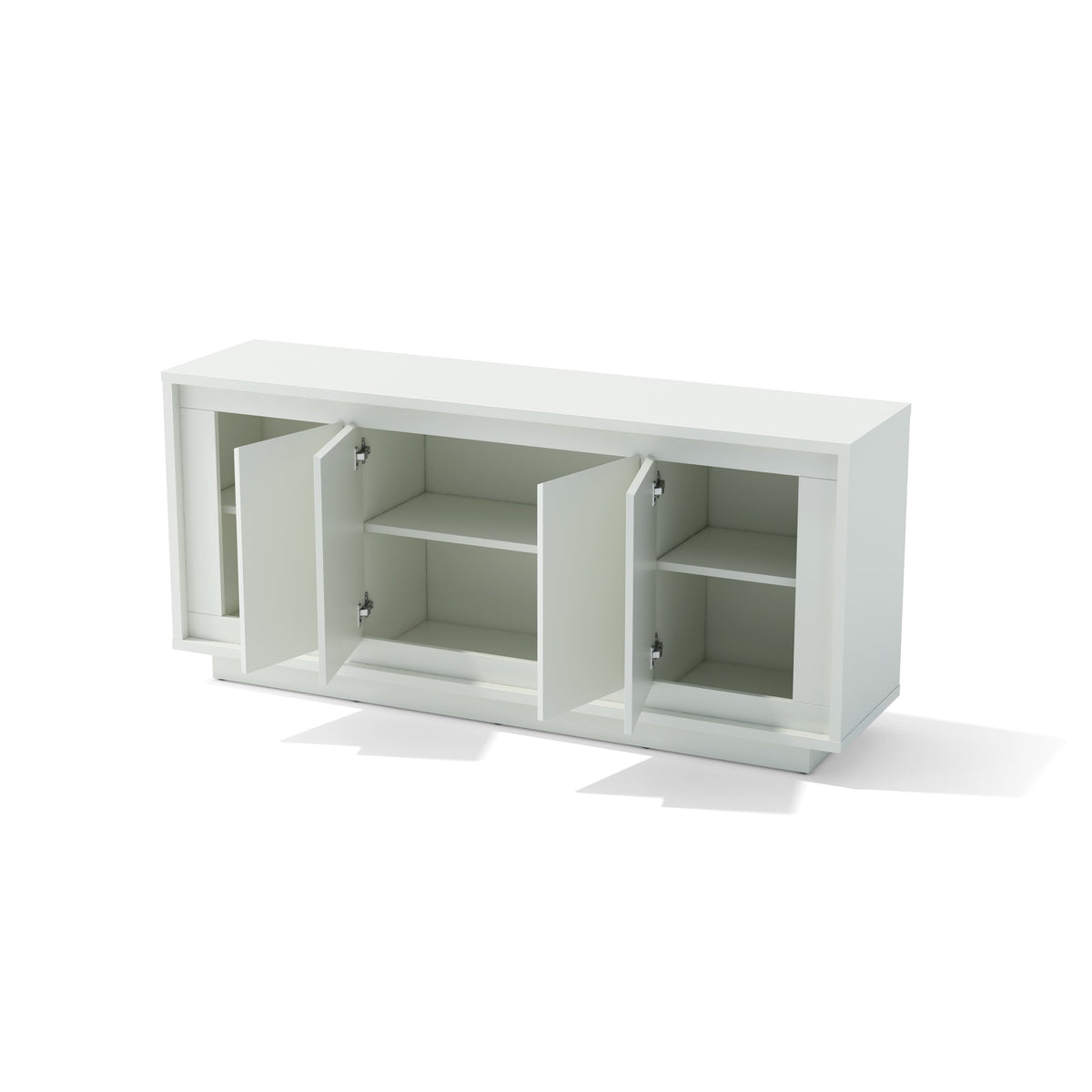 White cabinet with open doors on a white background