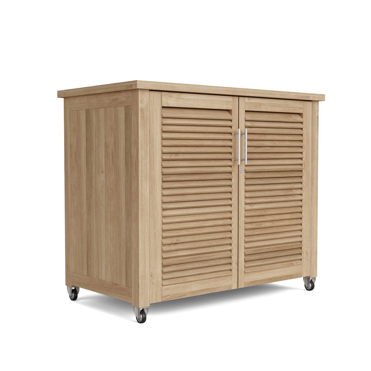 Wooden outdoor storage cabinet with wheels on a white background