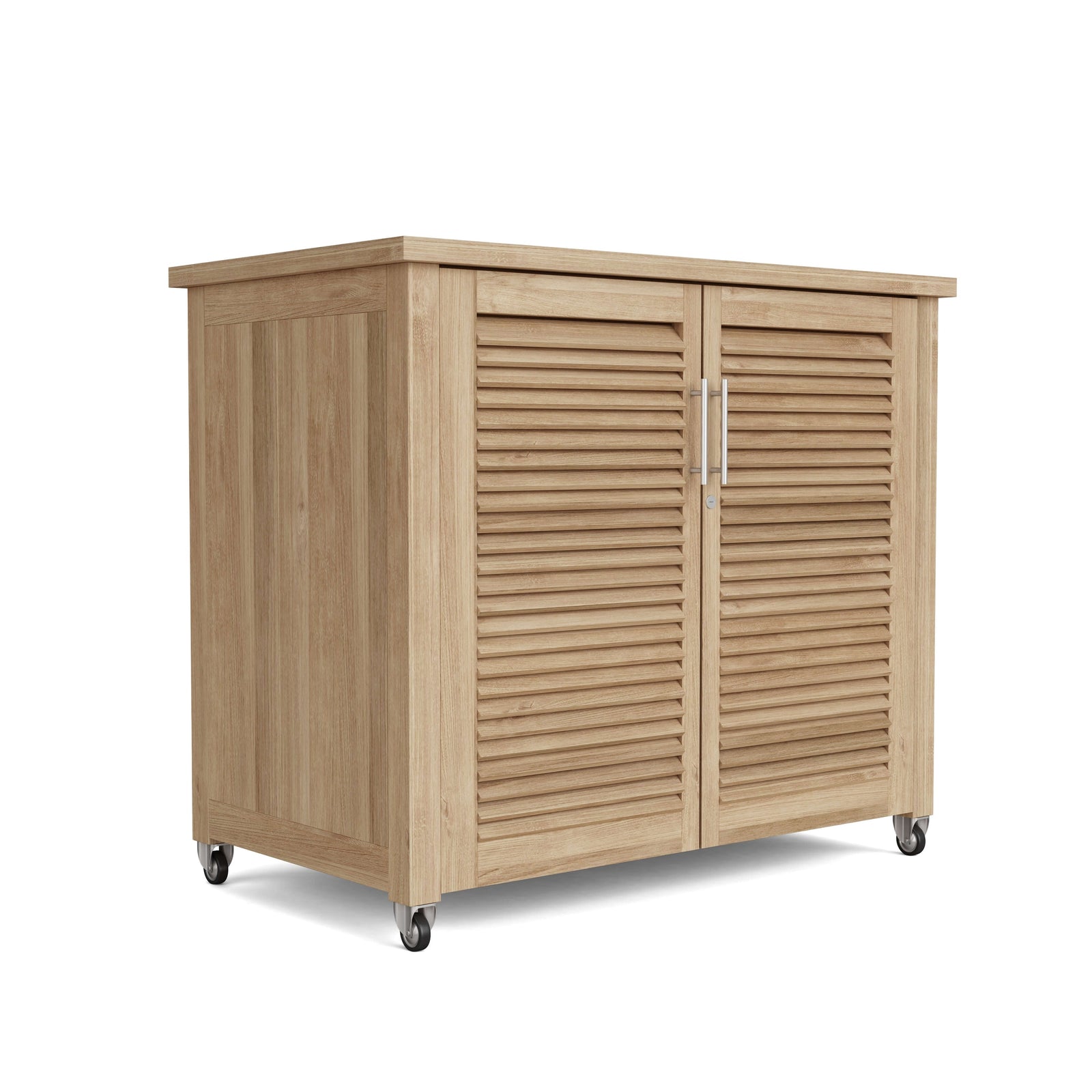 Wooden outdoor storage cabinet with wheels on a white background
