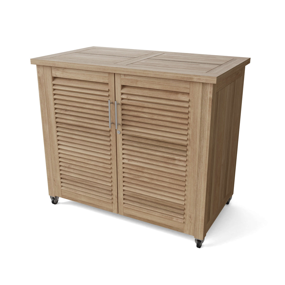 Wooden outdoor storage cabinet with slatted doors on a white background