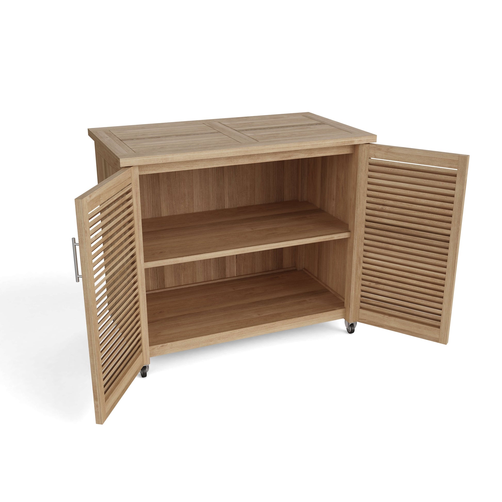 Wooden cabinet with open doors on a white background