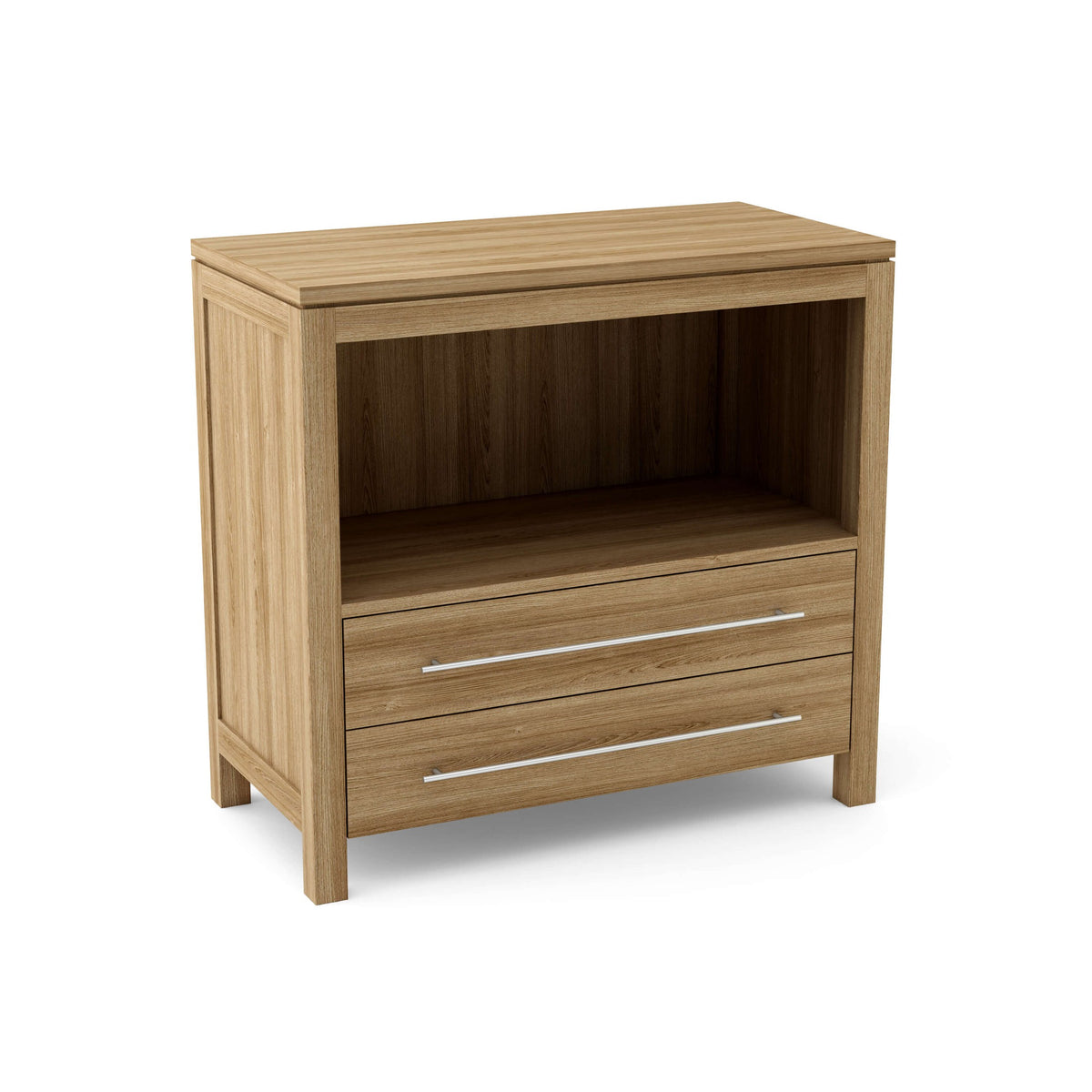 Wooden nightstand with two drawers on a white background