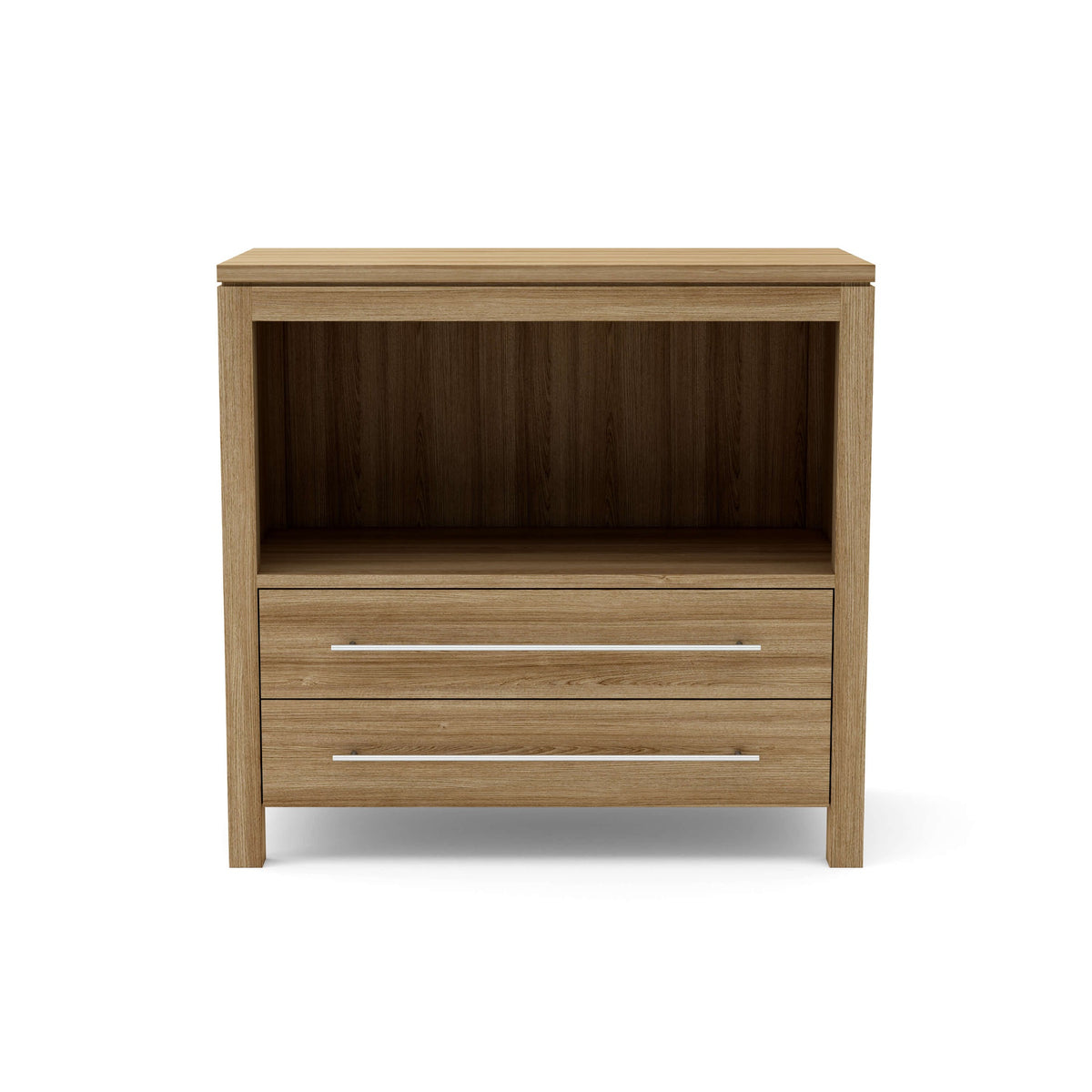 Wooden nightstand with two drawers on a white background