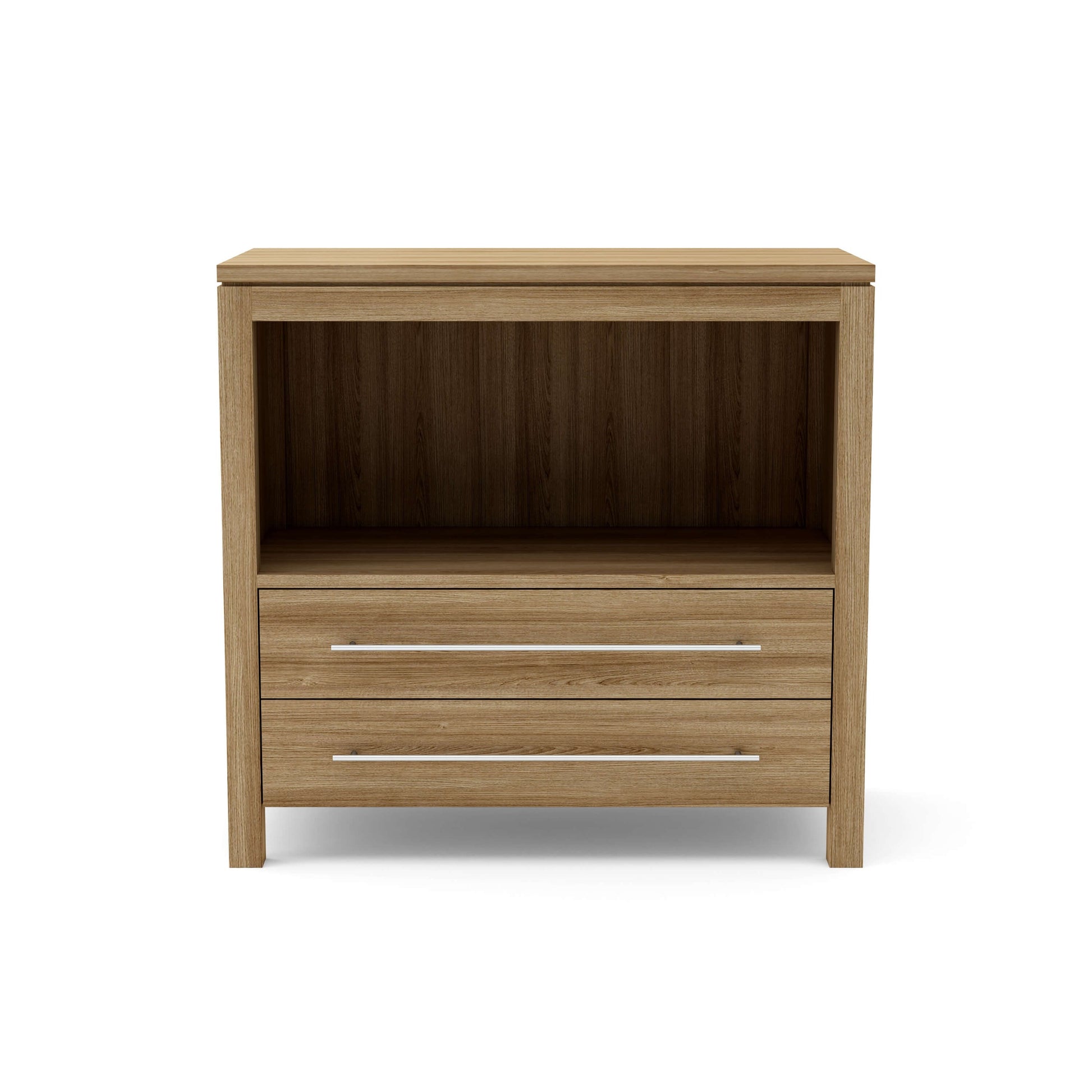 Wooden nightstand with two drawers on a white background