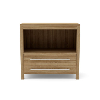 Wooden nightstand with two drawers on a white background